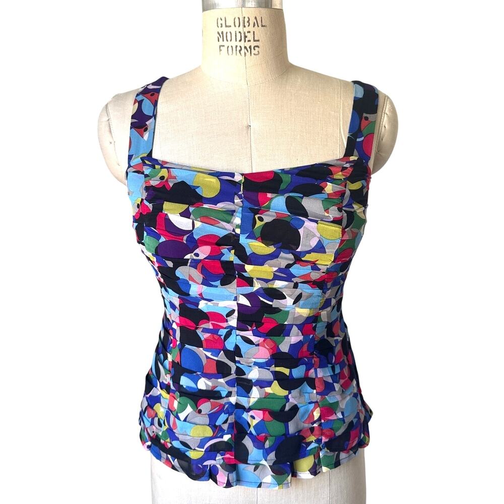 Doncaster Silk Ruffled Tank Top Size 2 Geometric Bright Print Vintage y2k
